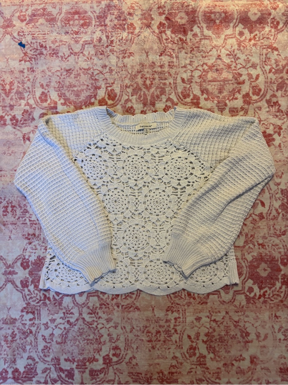 Francesca's Collections White Crochet-Front Crewneck Sweater